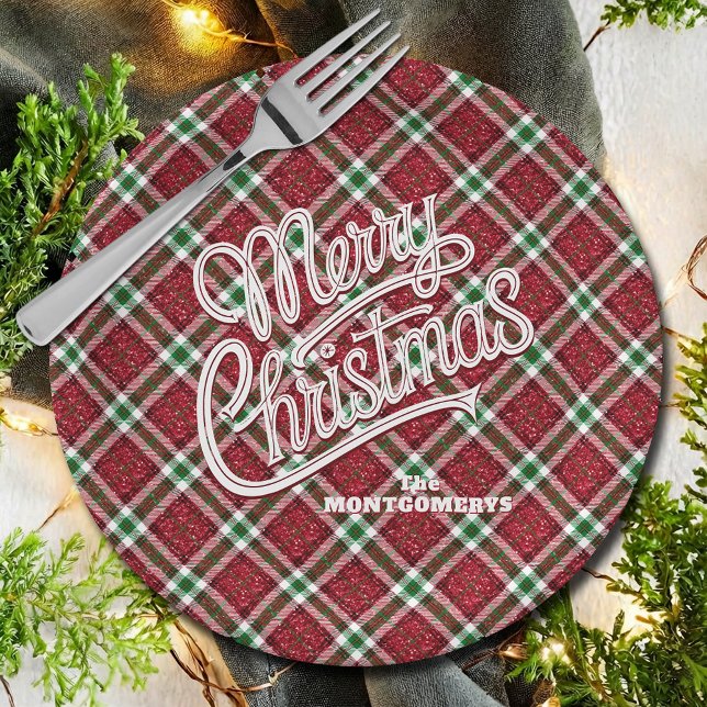 Sparkly Merry Christmas Plaid  Paper Plates (Sparkly Merry Christmas Plaid Round Paper Plates - 7" or 9")