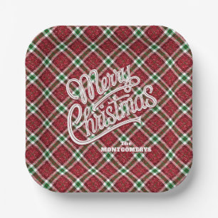 Sparkly Merry Christmas Plaid Square Paper Plates