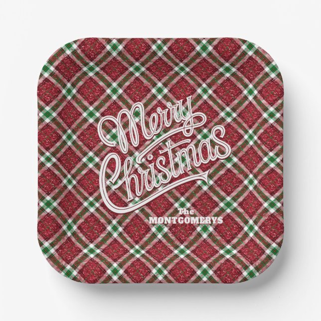 Sparkly Merry Christmas Plaid Square Paper Plates (Front)