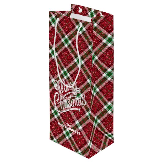Sparkly Merry Christmas Plaid  Wine Gift Bag (Back Angled)