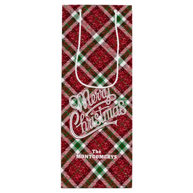 Sparkly Merry Christmas Plaid  Wine Gift Bag (Front)