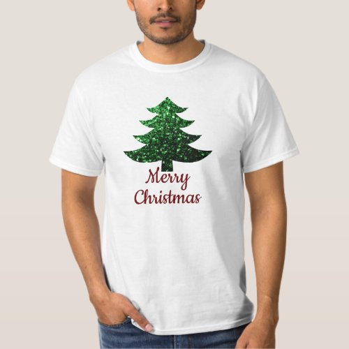 Sparkly Merry Christmas tree green custom text T_Shirt