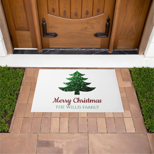 Sparkly Merry Christmas tree green Family name  Doormat