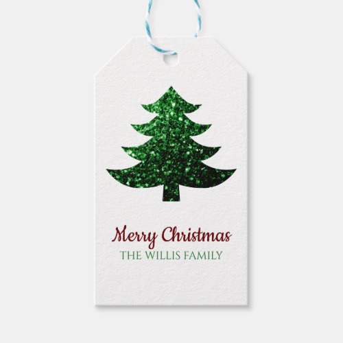 Sparkly Merry Christmas tree green Family name  Gift Tags