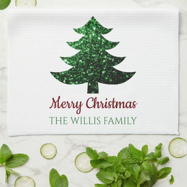Sparkly Merry Christmas tree green Family name  Kitchen Towel (Folded)