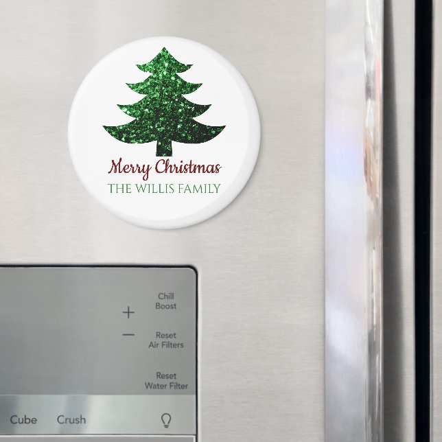 Sparkly Merry Christmas tree green Family name  Magnet (In Situ (Fridge))