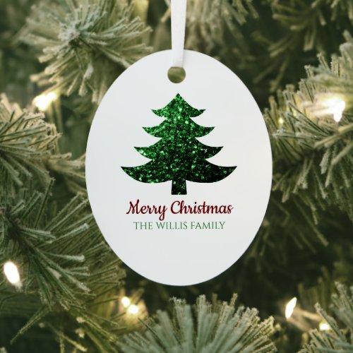 Sparkly Merry Christmas tree green Family name  Metal Ornament