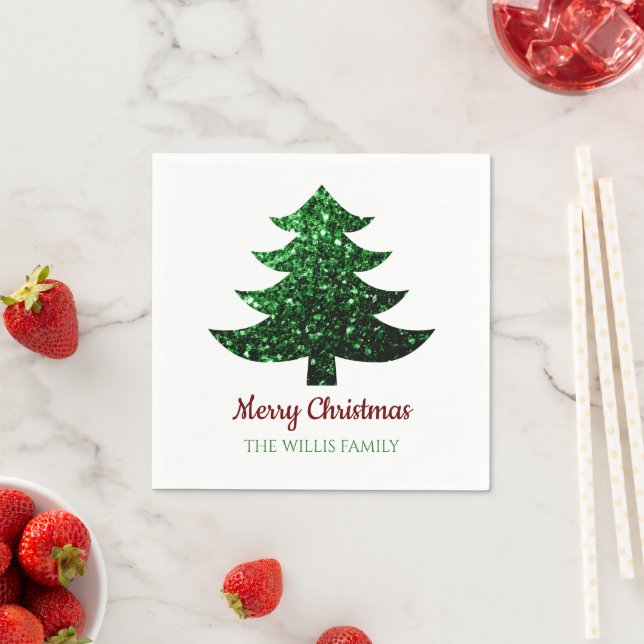 Sparkly Merry Christmas tree green Family name  Napkins (Insitu)