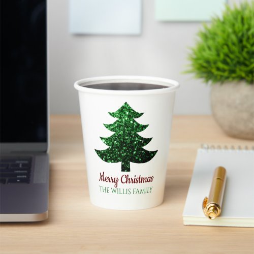 Sparkly Merry Christmas tree green Family name  Paper Cups