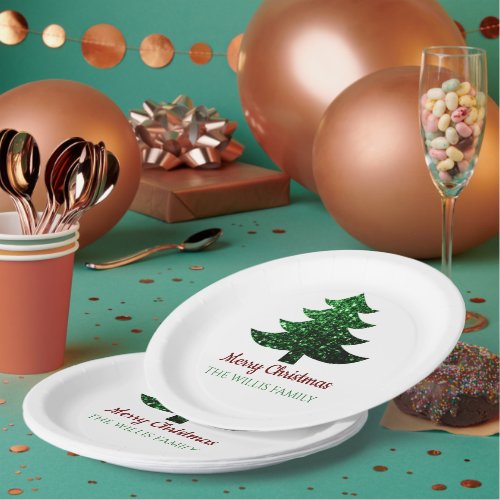 Sparkly Merry Christmas tree green Family name  Paper Plates