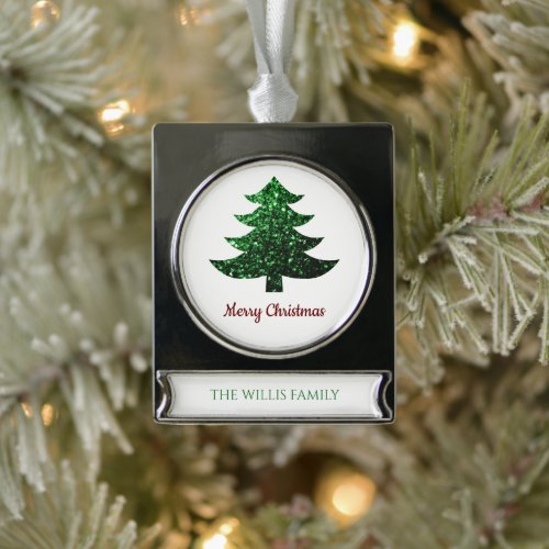 Sparkly Merry Christmas tree green Family name  Silver Plated Banner Ornament