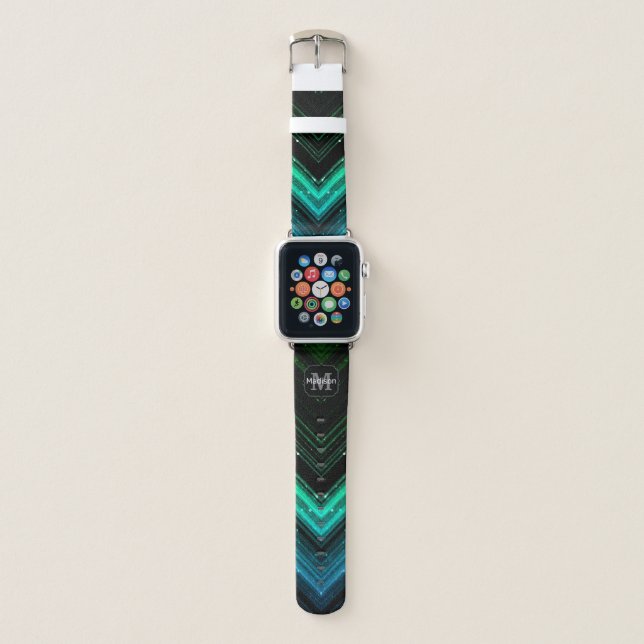 Sparkly metal aqua green galaxy chevron Monogram Apple Watch Band (Front)