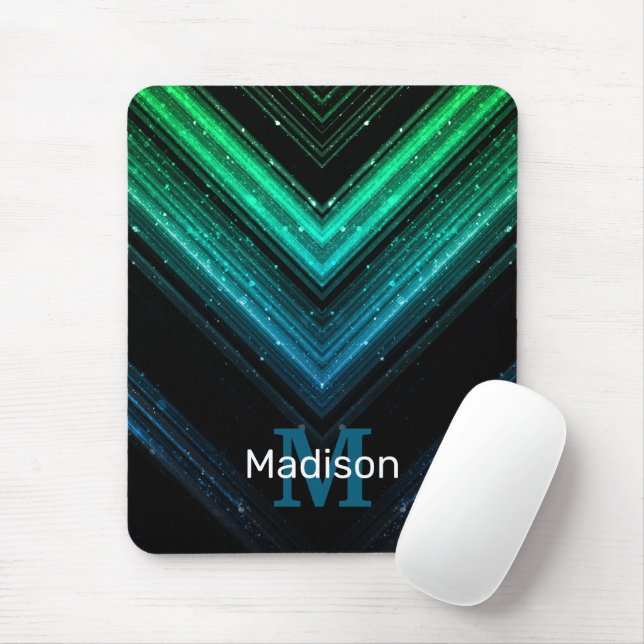Sparkly metal aqua green galaxy chevron Monogram Mouse Pad (With Mouse)