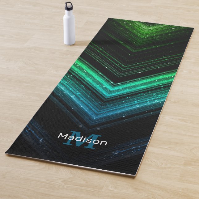 Sparkly metal aqua green galaxy chevron Monogram Yoga Mat (In Situ)
