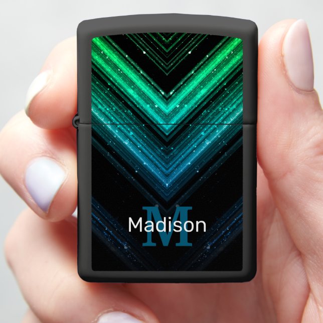 Sparkly metal aqua green galaxy chevron Monogram Zippo Lighter (In Hand)