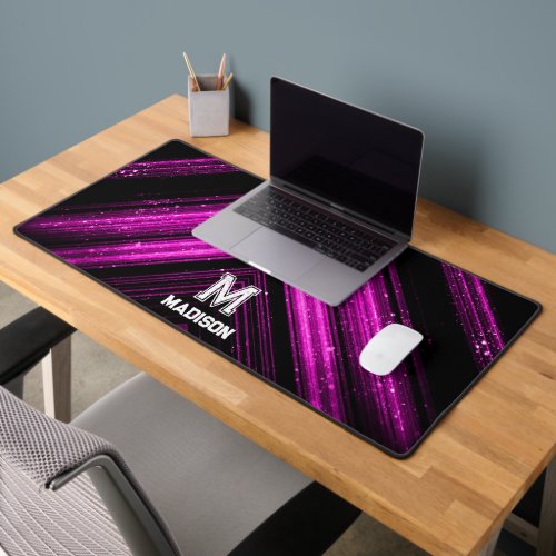 Sparkly metal hot neon pink black chevron Monogram Desk Mat