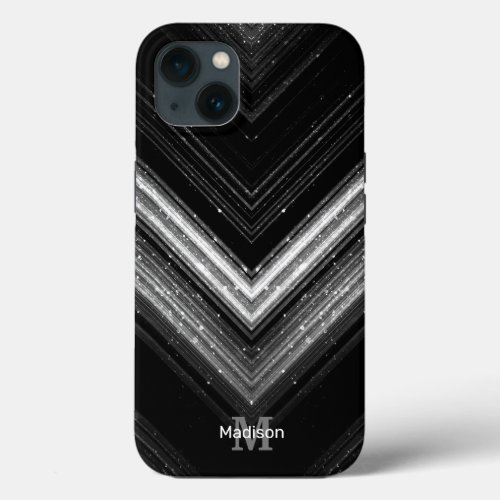 Sparkly metal silver black galaxy chevron Monogram iPhone 13 Case