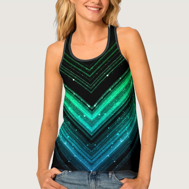 Sparkly metallic aqua green galaxy chevron lines tank top (Front)