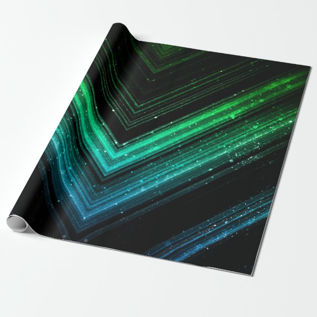 Sparkly metallic aqua green galaxy chevron lines wrapping paper (Unrolled)
