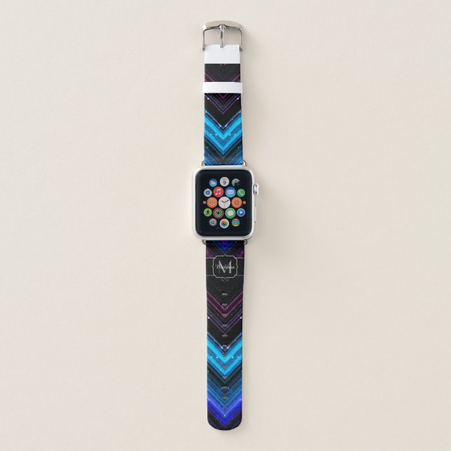 Sparkly metallic blue purple chevron Monogram Apple Watch Band (Front)