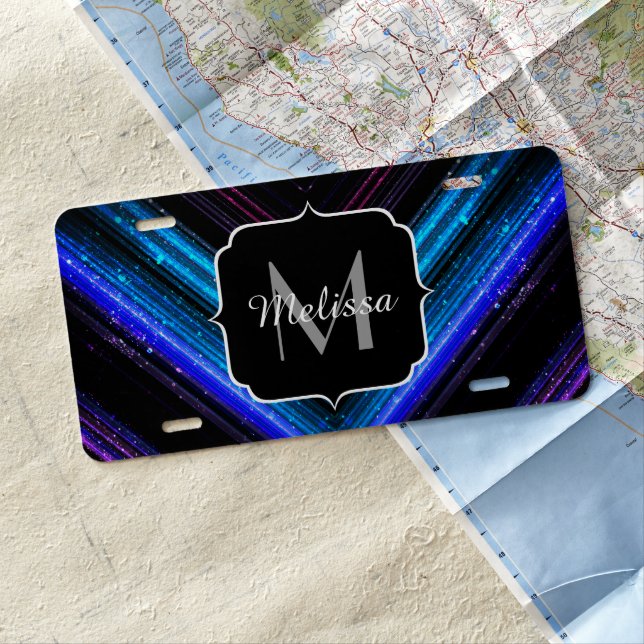 Sparkly metallic blue purple chevron Monogram License Plate (In Situ)