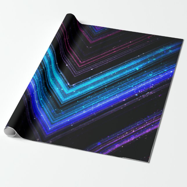 Sparkly metallic blue purple galaxy chevron lines wrapping paper (Unrolled)