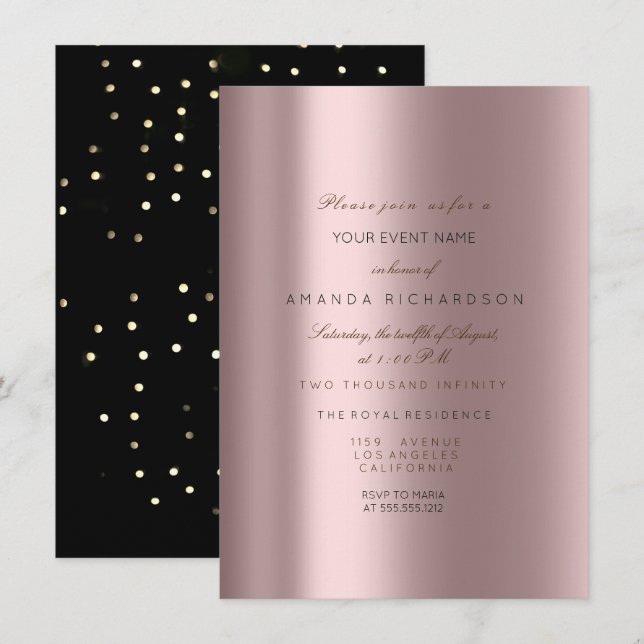 Sparkly Metallic Gold Black Confetti Mauve Pink Invitation (Front/Back)