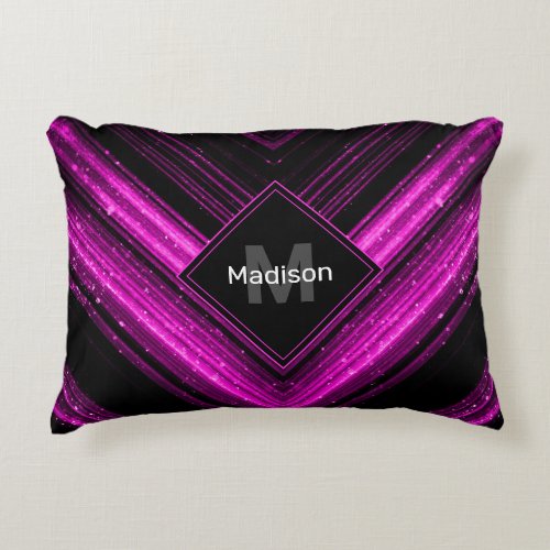 Sparkly metallic hot pink black chevron Monogram Accent Pillow