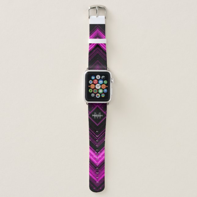 Sparkly metallic hot pink black chevron Monogram Apple Watch Band (Front)
