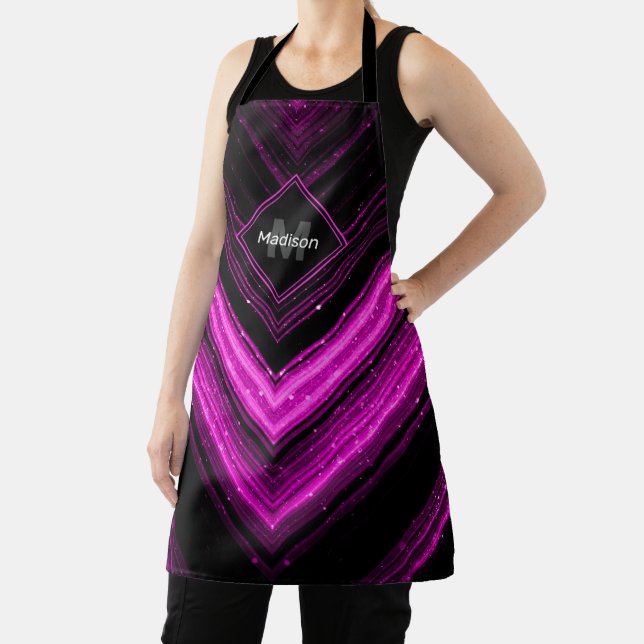 Sparkly metallic hot pink black chevron Monogram Apron (Insitu)