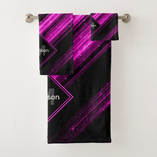 Sparkly metallic hot pink black chevron Monogram Bath Towel Set