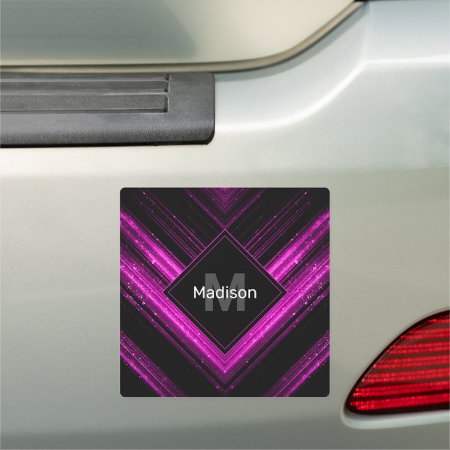 Sparkly metallic hot pink black chevron Monogram Car Magnet (In Situ)