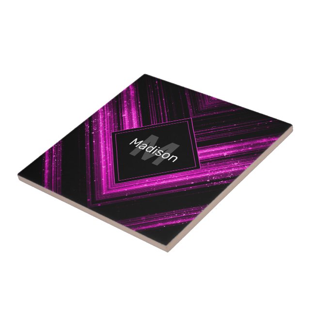Sparkly metallic hot pink black chevron Monogram Ceramic Tile (Side)