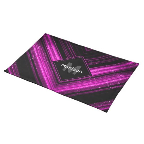 Sparkly metallic hot pink black chevron Monogram Cloth Placemat