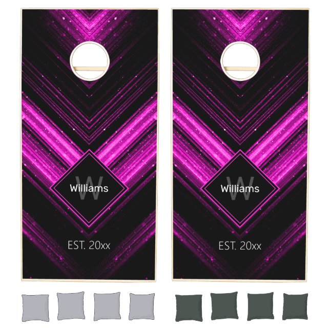 Sparkly metallic hot pink black chevron Monogram Cornhole Set (Set)