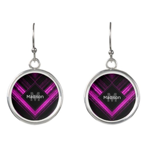 Sparkly metallic hot pink black chevron Monogram Earrings