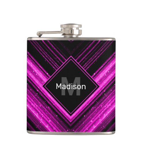 Sparkly metallic hot pink black chevron Monogram Flask