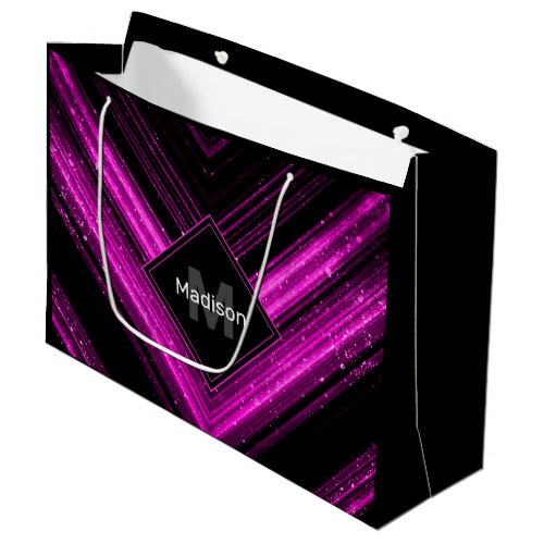 Sparkly metallic hot pink black chevron Monogram Large Gift Bag