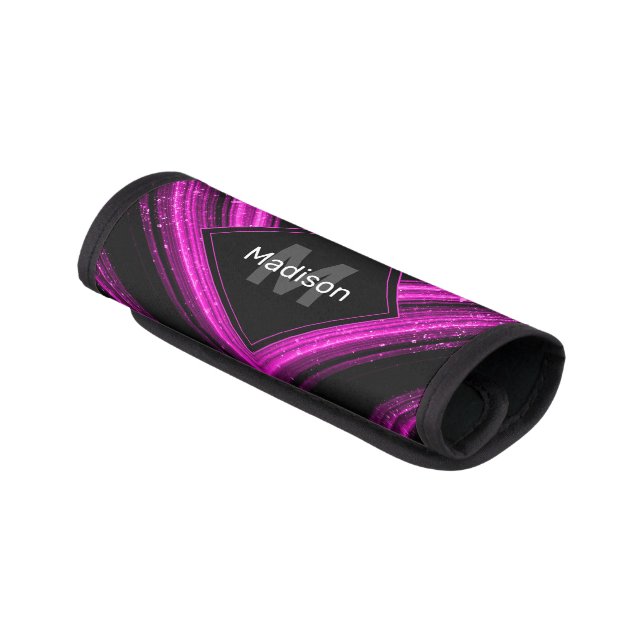 Sparkly metallic hot pink black chevron Monogram Luggage Handle Wrap (Angled)