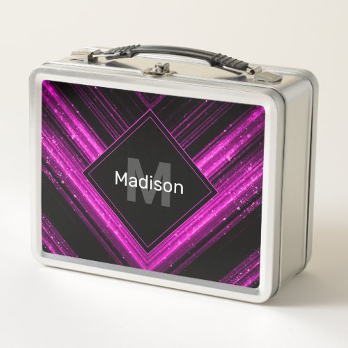 Sparkly metallic hot pink black chevron Monogram Metal Lunch Box