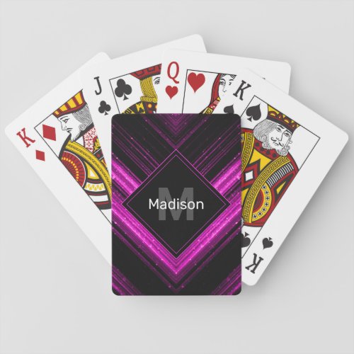 Sparkly metallic hot pink black chevron Monogram Playing Cards