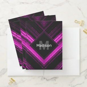 Sparkly metallic hot pink black chevron Monogram Pocket Folder
