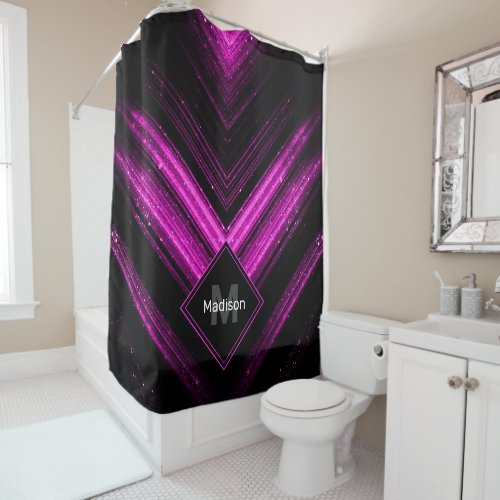 Sparkly metallic hot pink black chevron Monogram Shower Curtain