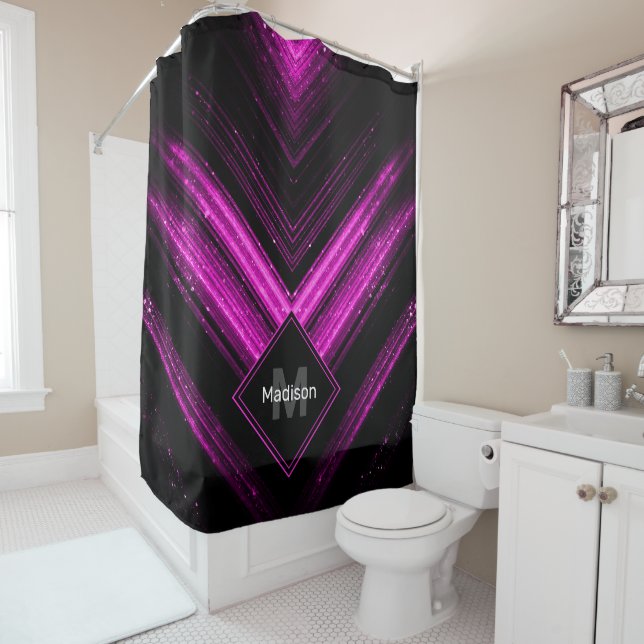 Sparkly metallic hot pink black chevron Monogram Shower Curtain (In Situ)