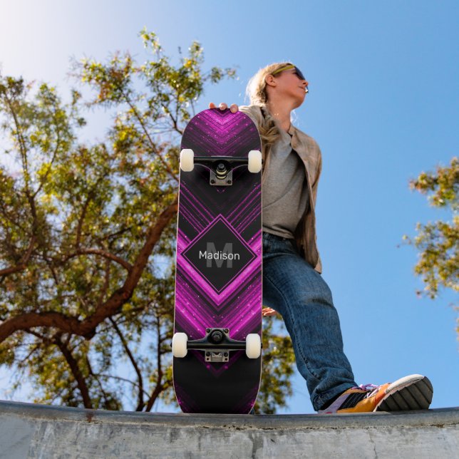 Sparkly metallic hot pink black chevron Monogram Skateboard (Outdoor 1)