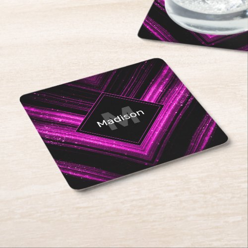 Sparkly metallic hot pink black chevron Monogram Square Paper Coaster