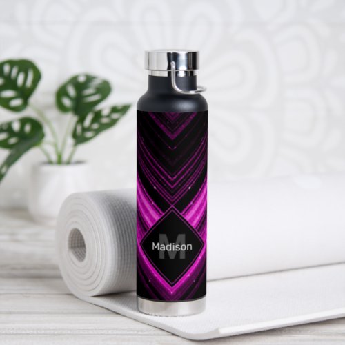 Sparkly metallic hot pink black chevron Monogram Water Bottle