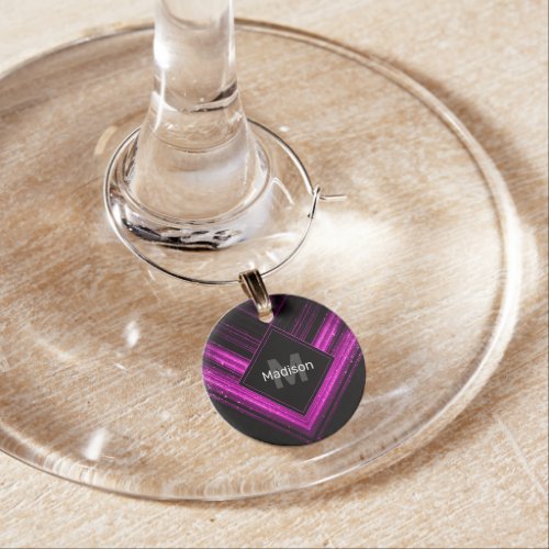 Sparkly metallic hot pink black chevron Monogram Wine Charm