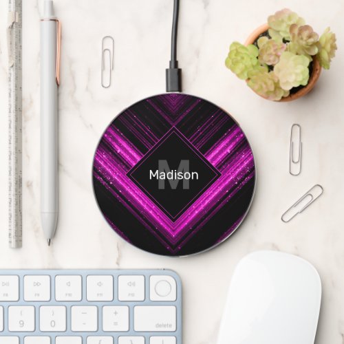 Sparkly metallic hot pink black chevron Monogram Wireless Charger