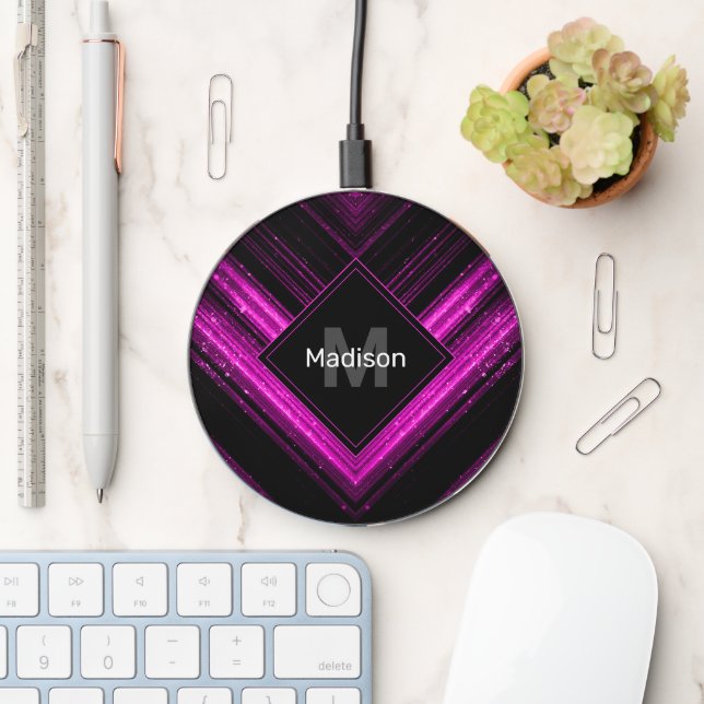 Sparkly metallic hot pink black chevron Monogram Wireless Charger (Desk)